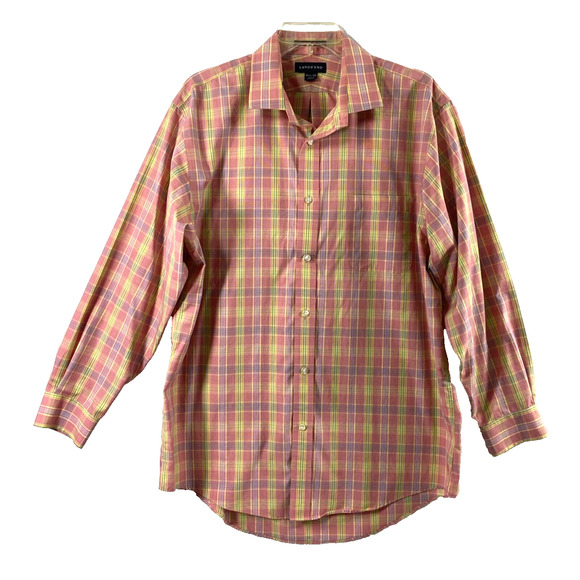 Lands' End Mens Shirt Size 16 1/2- 33 No Iron Pink Plaid Button Down Long Sleeve - Picture 1 of 8
